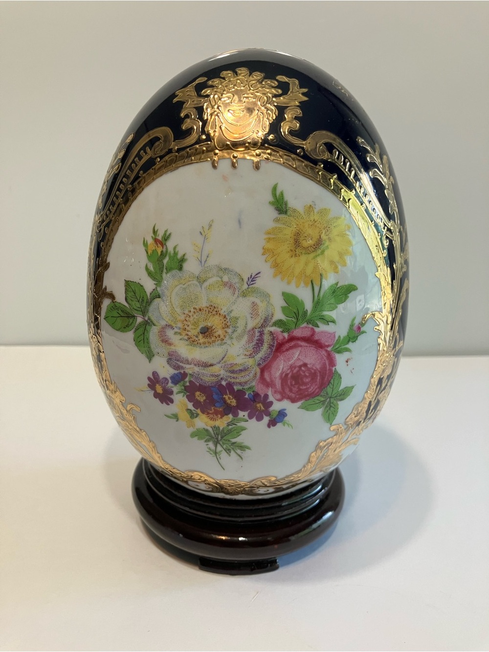 Vintage Limoges Decorative Cobalt Blue and Gold Egg 6” Flowers With Wood Base